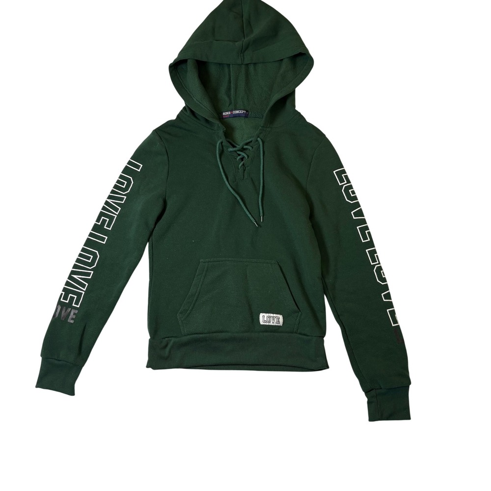 Roma Concept by Rosee‎ Womens Forest Green LOVE Graphic Lace Up Hoodie Small